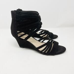 Nine West 6.5 Black Faux Suede Roseo Strappy Wedge Sandals Heeled Zip Back